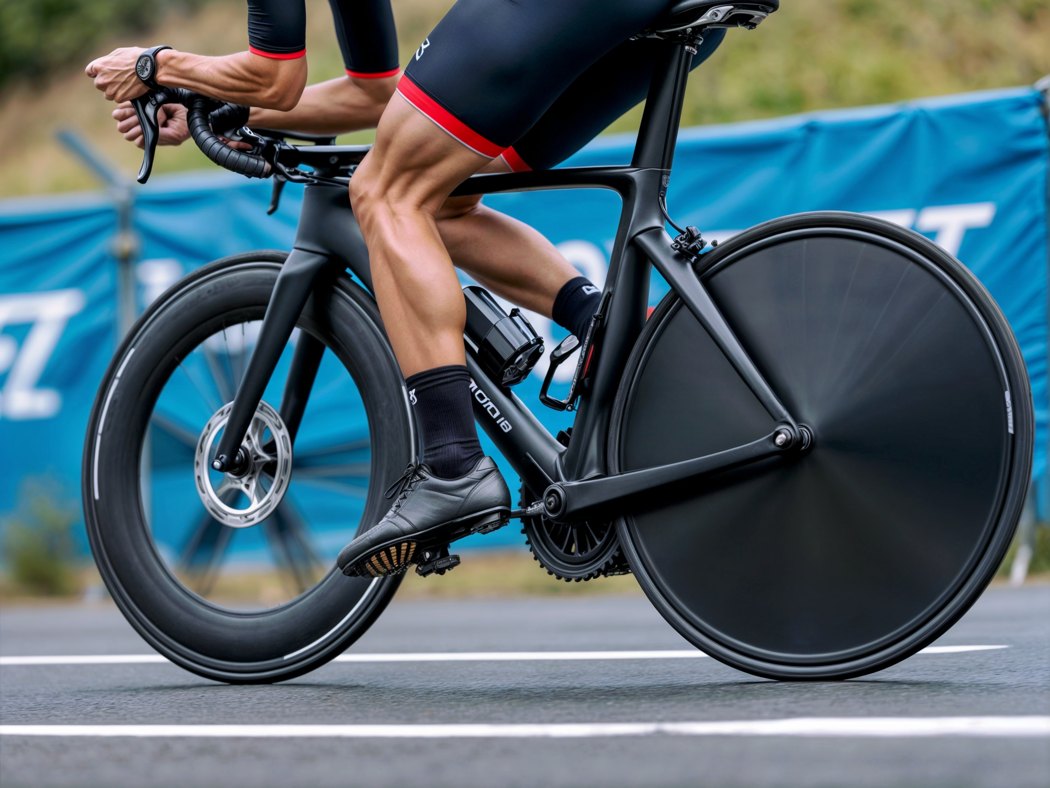 Un ciclista profesional compitiendo en una contrarreloj montado en una bicicleta equipada con rines de disco traseros y ruedas aerodinámicas de carbono en la parte delantera. Imagen representativa de los beneficios de los rines de disco para mejorar la aerodinámica y la velocidad. Encuentra más información sobre rines de disco en Speedsix México.