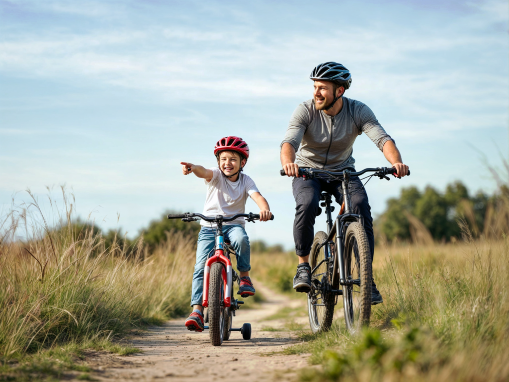 Padre e hijo disfrutando de un paseo en bicicleta en un sendero natural, ambos con el rodado de una bici adecuado para su edad y altura. El niño señala con entusiasmo hacia adelante mientras el padre lo observa, en un momento de conexión familiar al aire libre.